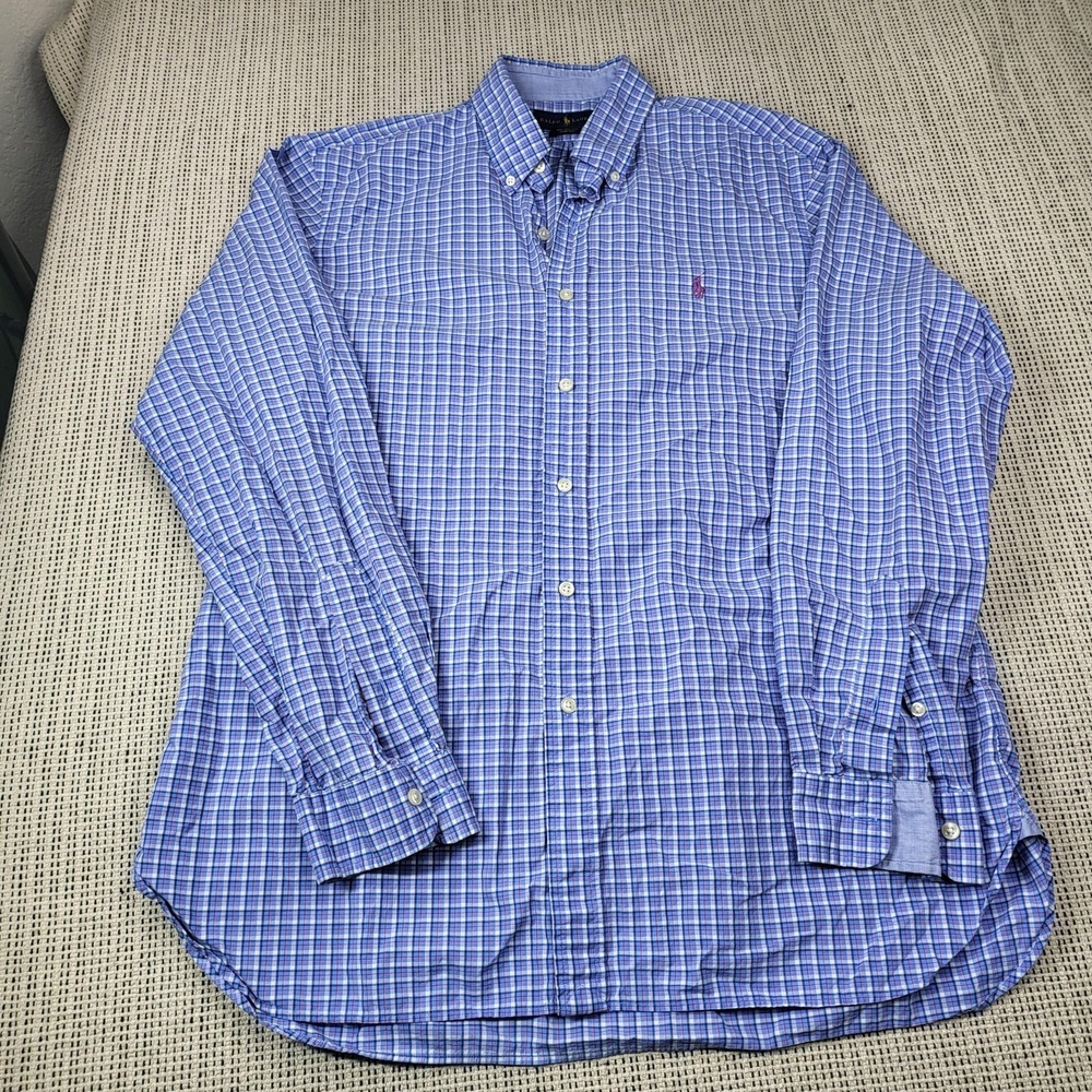 Ralph Lauren Shirt Mens Large Blue Check Long Sleeve Button Down Pony Logo